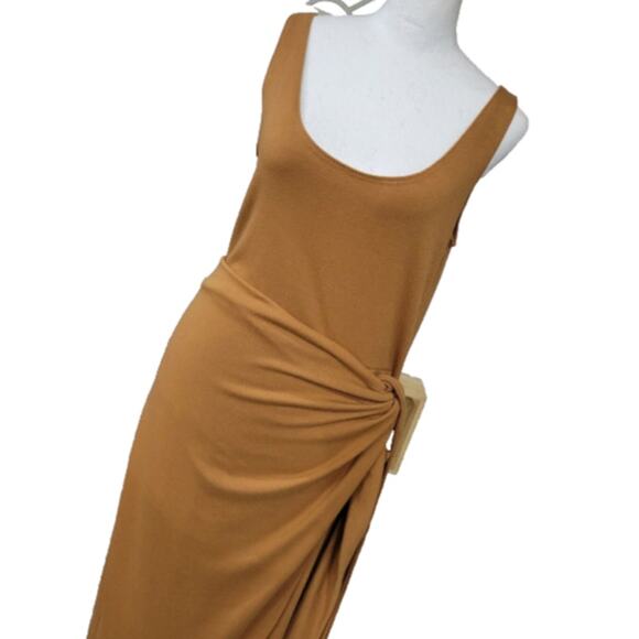 LBLC The Label Eva‎ Side Tie Midi Wrap Dress Women's Size Large Gold Tan - Picture 3 of 11